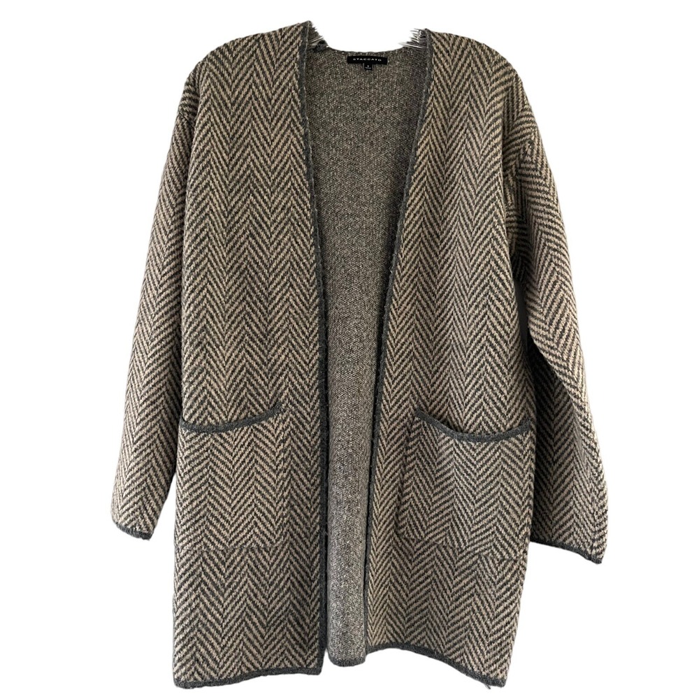 Staccato Women's S Tan Gray Herringbone Pockets Open Front Cardigan Sweater Cozy